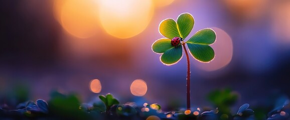 Ladybug on clover sunset bokeh background