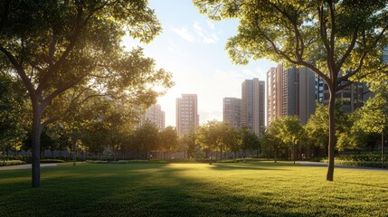 Lush Green Park with Tall Buildings in the Background