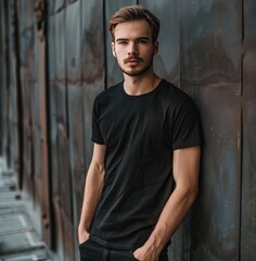 A confident male model in a black t-shirt posing in a modern urban outdoor black wall setting with a chic and trendy vibe.