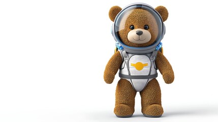 cuddly teddy bear wearing space helmet isolated white background