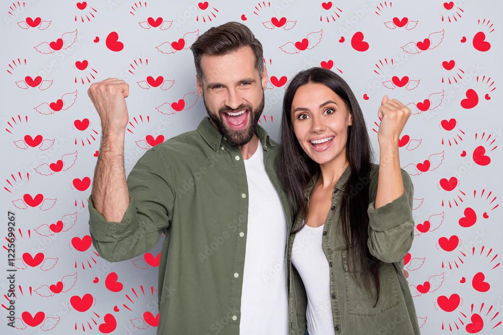 Sticker Photo of young excited girlfriend boyfriend rejoice success lottery awesome discount fists hands isolated over grey color background