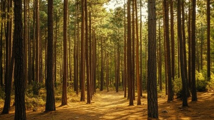 Fototapeta premium Sunlit Path Through a Dense Pine Forest