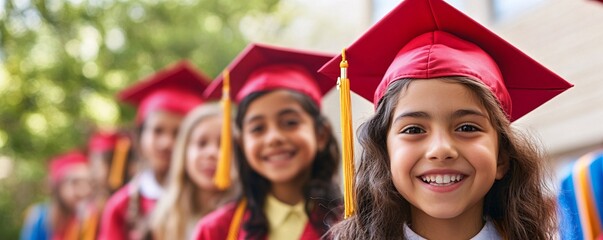 Diverse kindergarten graduates in cap and gown smiling at graduation ceremony