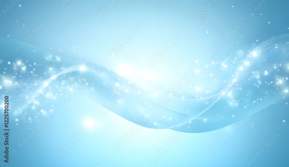 Poster soft flowing waves of light with sparkling particles on light blue background create ethereal atmosp