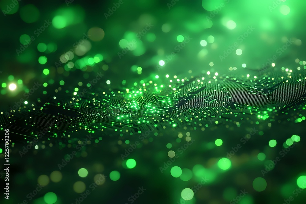 Poster abstract green glowing particles with bokeh effect on dark background create magical atmosphere for 