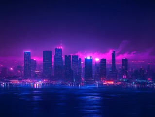 Obraz premium Synthwave Cityscape Night Skyline Neon Purple