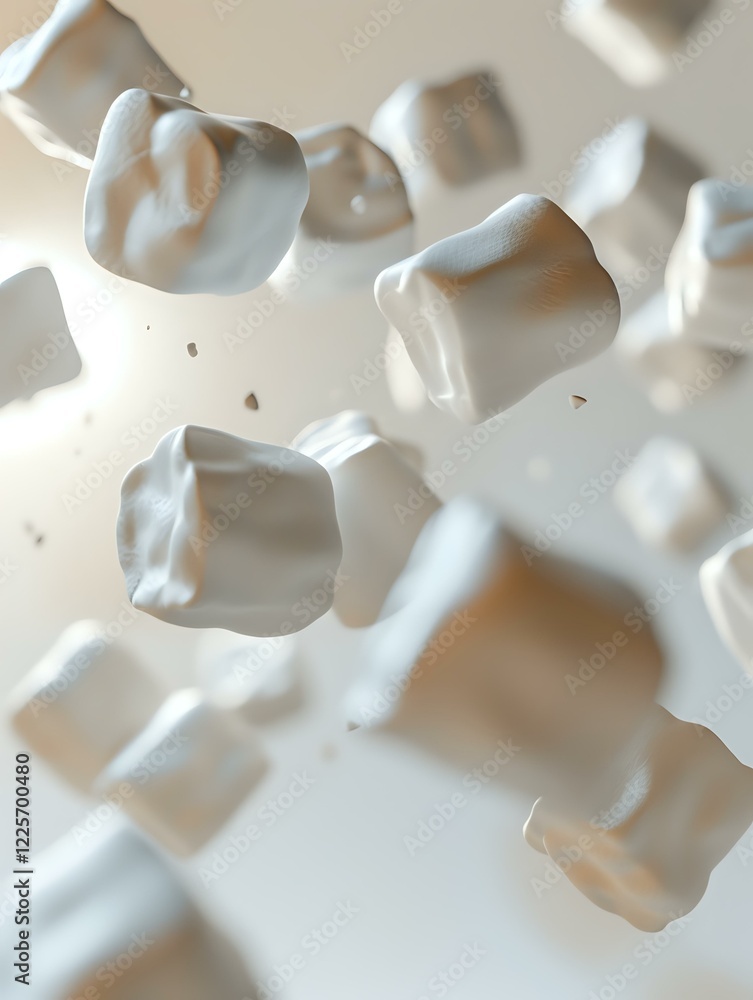 Poster white marshmallows floating and falling on light background with soft shadows, dynamic food composit