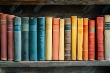 Naklejka premium Row of vintage hardcover books in pastel colors blue, pink, yellow and red standing on wooden shelf, creating colorful library collection background.