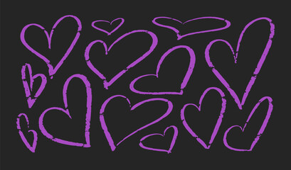 Crayon pink hearts painted with marker or pencil. Hand drawn chalk symbol of love. Vector charcoal Illustration on black background