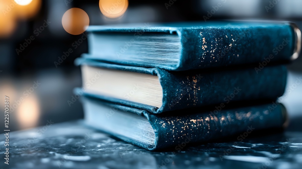 Poster stack of vintage hardcover books with teal blue binding against dark background with soft bokeh ligh
