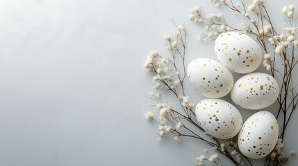 Fototapeta premium Monochromatic Easter-themed background with white eggs and delicate gold accents on a plain light gray surface
