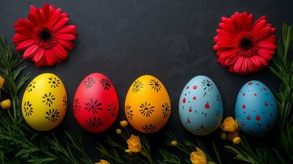 Assorted colorful painted Easter eggs with floral patterns and a vibrant red daisy on a dark textured background, festive holiday decoration concept