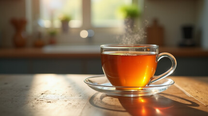 Steaming Cup of Tea in Warm Sunlight on a Rustic Wooden Table