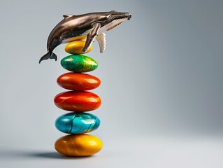 A playful scene featuring a toy whale perched atop a vibrant stack of multicolored stones. Heaviest Balance ,resistance to gravity