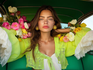 A fashion model in a vintage car surrounded by colorful flowers wears a lime green dress with lace details. Bohemian editorial portrait with a romantic aesthetic.
