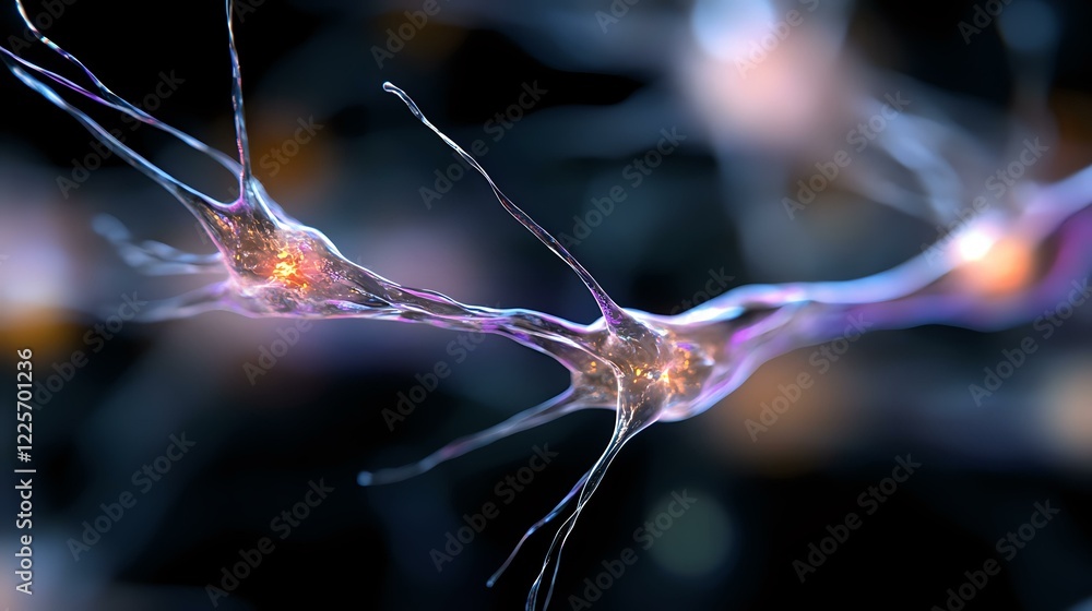 Poster glowing neural network connections with purple and blue light effects showing synaptic transmission 
