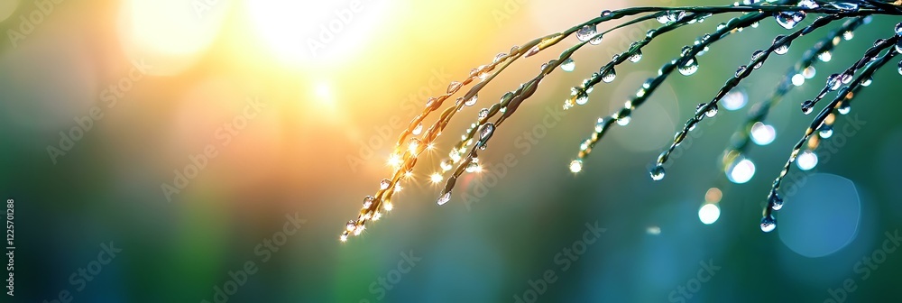 Poster Sparkling water drops on grass blade against blurred sunrise background with bokeh lights create tranquil nature macro scene.
