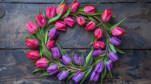 Wreath of pink and purple tulips on a dark rustic wooden surface, flat lay floral composition, spring-inspired vibrant decoration, cheerful seasonal flower arrangement

