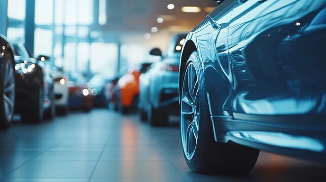 The new blue car is making a statement at the dealership showroom