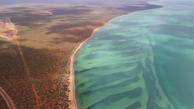 Aerial view of beautiful coastline with turquoise water and pristine beach, Monkey Mia, Shark Bay, Australia.