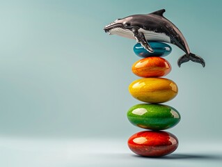 A playful scene featuring a whale figurine balancing atop colorful stacked stones, evoking creativity and whimsy. Heaviest Balance ,resistance to gravity