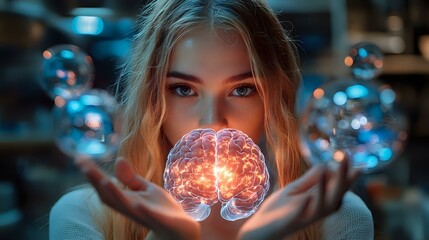 Naklejka premium Young woman holding glowing brain hologram between hands against dark background with bokeh lights, representing mind power and cognitive abilities.