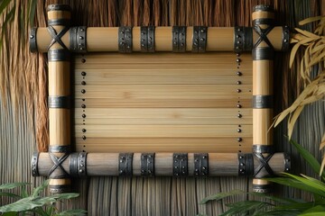 A beautifully crafted bamboo sign with metallic accents, displayed as a centerpiece on a natural wooden wall.