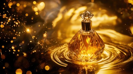 An artistic perfume ad showcasing a diamond-cut bottle elegantly resting in a pool of molten gold, surrounded by luxurious reflections that enhance its opulence and allure.