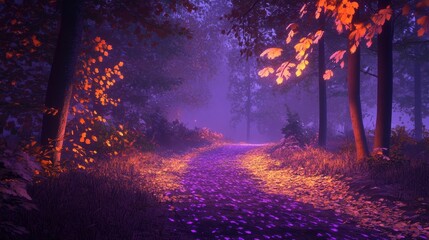 Fototapeta premium A forest illuminated by a mystical purple light. Leaves in warm orange tones are scattered along the path