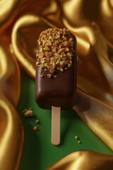 Chocolate ice cream bar with crunchy nuts and cookie crumble on golden silk fabric background, luxury dessert and indulgence concept for food lovers