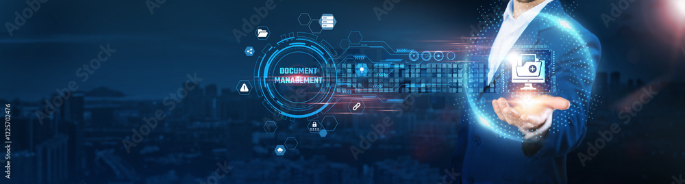 Poster document management: businessman holding document storage icon and data exchanges representing secur