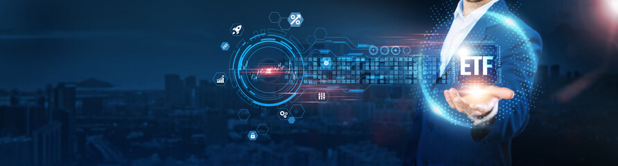 ETF: Businessman holding icon and data exchanges representing secure connection on city background, financial growth, market analysis, portfolio management, and asset allocation.