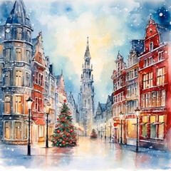 Fototapeta premium snow-covered houses , illustration for festive winter cards , watercolours