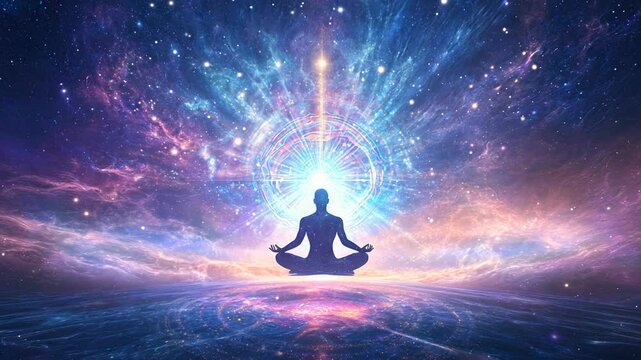 Silhouette of a person meditating amidst a vibrant cosmic background of blues, pinks, and purples.  Bright light emanates from a glowing orb above