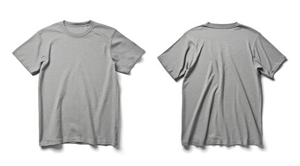 Front and back view of light grey t-shirt for clothing design isolated