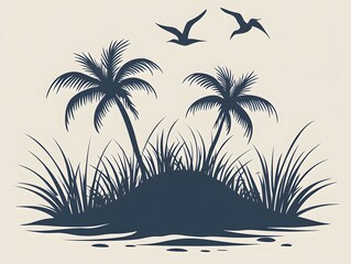 Fototapeta premium Tropical Island Silhouette: Palm Trees, Birds, and Grassy Shore