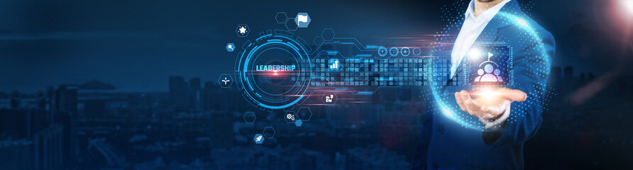 Leadership: Businessman holding leadership icon and data exchanges representing strategic...