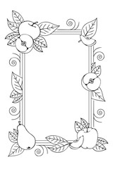 vertical frame of black and white apples and pears and leaves, hand drawn in cartoon style. Outline drawing.