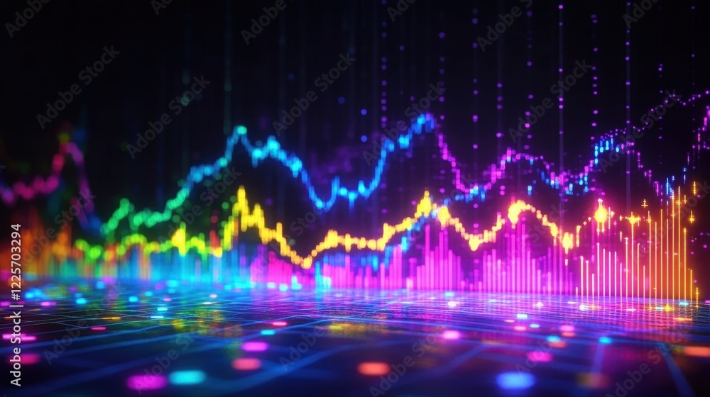 Poster colorful glowing lines and bars are representing increasing financial values, creating a futuristic 