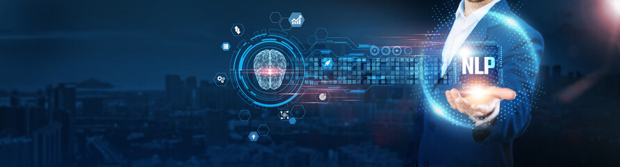 NLP: Businessman holding natural language processing icon and data exchanges enabling intelligent...