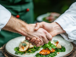 Chefs collaborating in gourmet kitchen close-up of artistic plating passionate mood culinary excellence