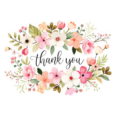 Pink watercolor floral background design with Thank you text