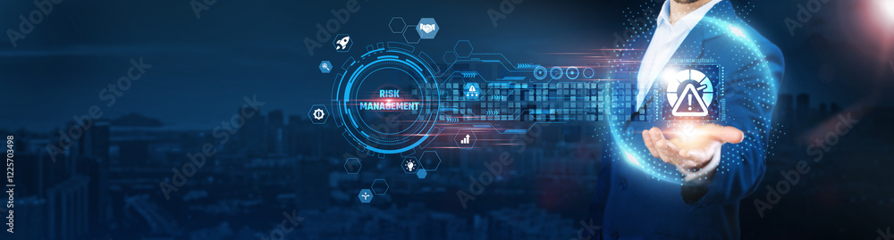 Poster risk management: businessman holding caution icon and data exchanges ensuring secure connection on c