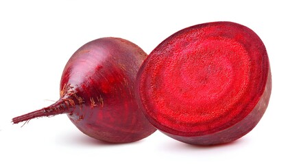 Freshly harvested beetroot with its vibrant purple skin and green leaves, isolated on white background. A versatile vegetable for cooking, salads, and juicing, representing health and organic living