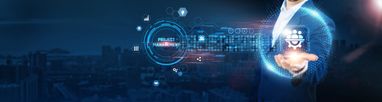 Project Management: Businessman holding icon and data exchanges representing seamless connection on city background, team collaboration, workflow optimization, resource allocation, productivity tools
