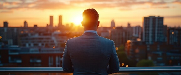 Plakat Man sunset city view rooftop success