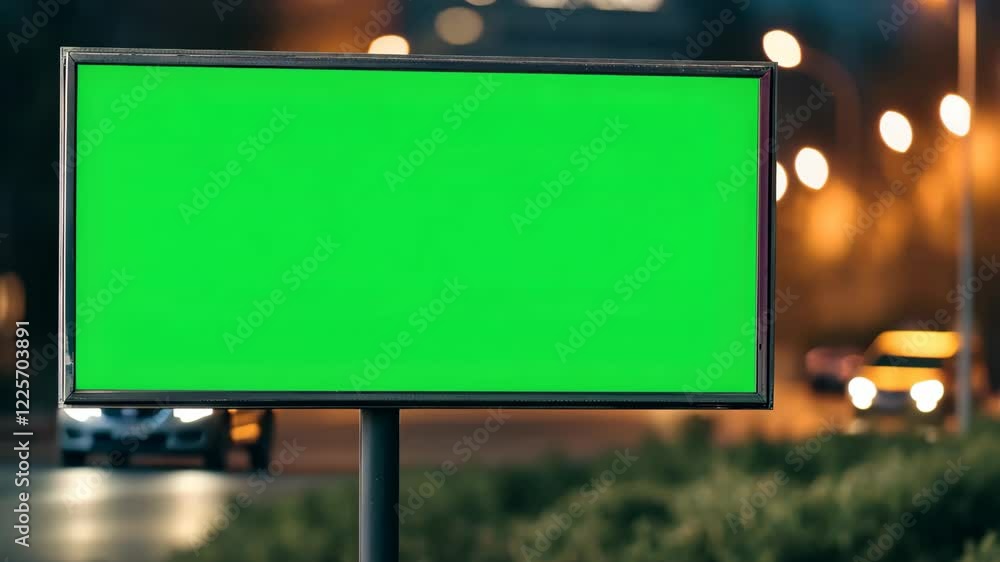 Poster vintage cinema marquee with green screen for custom text in urban night setting with soft bokeh effe