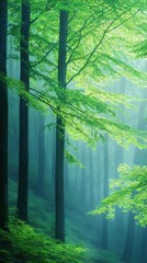 Obraz premium Tranquil misty forest at dawn nature scene soft light filtering through trees eye-level view serene environment