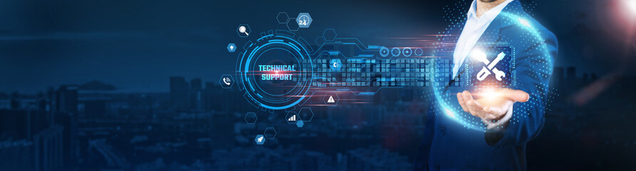 Technical Support: Businessman holding icon and data exchanges representing secure connection on city background, troubleshooting, customer assistance, IT solutions, and system maintenance.