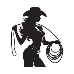 Cowgirl standing and holding lasso silhouette vector illustration